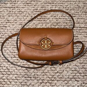 TORY BURCH MILLER CROSSBODY BAG WALLET UMBER BROWN PEBBLED LEATHER NEW